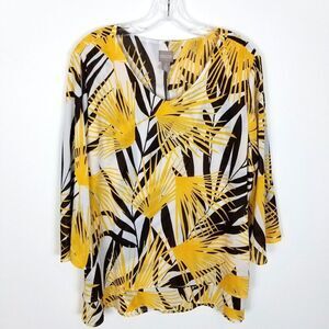 Chico's Women Leaf Print Blouse Top Size L V Neck Long Sleeve Layered Vacation